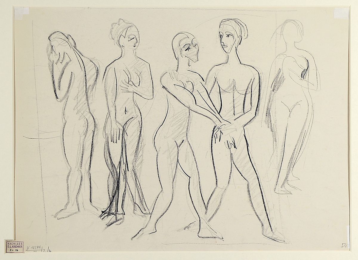 Ernst Ludwig Kirchner, 1880 - 1938, zwei Zeichnungen auf einem Blatt, Vorder - und Rückseite gestaltet, eine Seite: fünf stehende Akte, ...