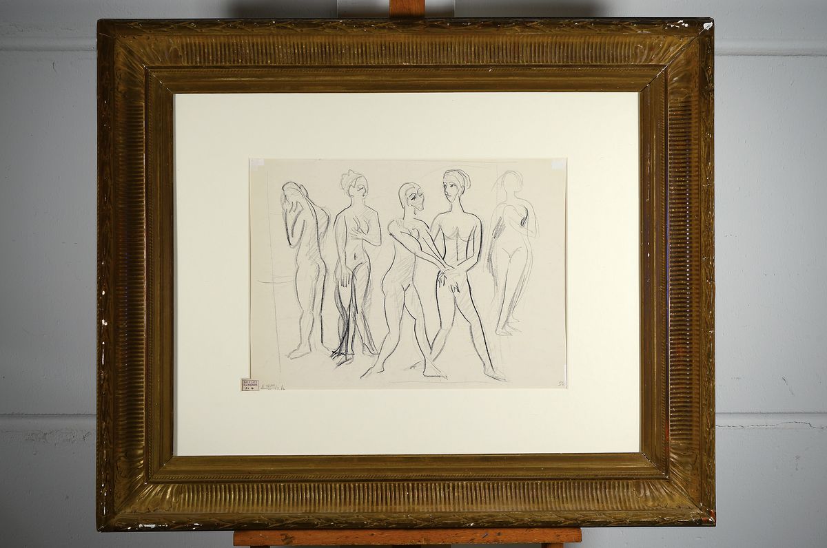 Detail k: Ernst Ludwig Kirchner, 1880 - 1938, zwei Zeichnungen auf einem Blatt, Vorder - und Rückseite gestaltet, eine Seite: fünf stehende Akte, ...