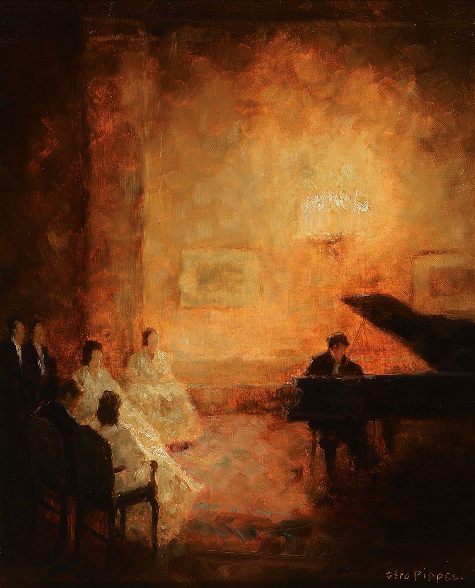 Otto Pippel, 1878 Lodz - 1960 Planegg, Klavierkonzert mit festlicher Gesellschaft, um 1940, meisterlich impressionistische goldene und braune ...