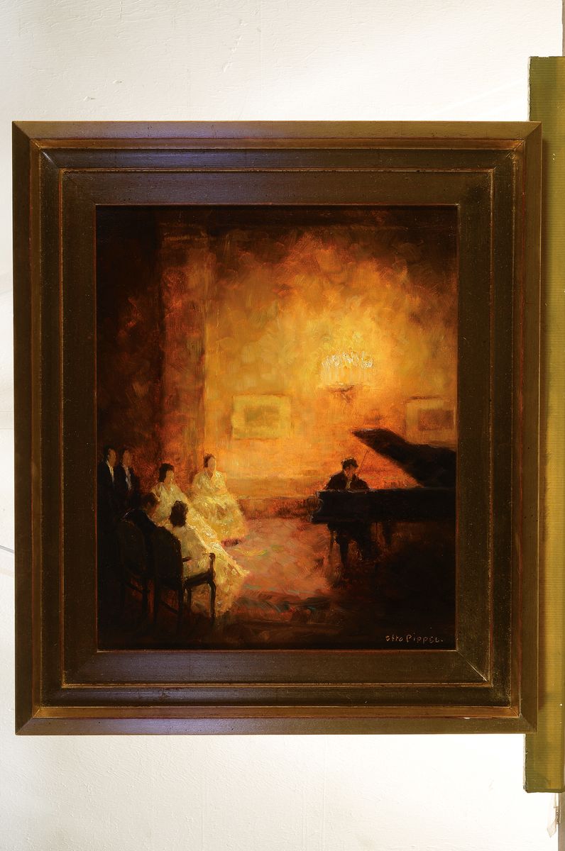 Detail k: Otto Pippel, 1878 Lodz - 1960 Planegg, Klavierkonzert mit festlicher Gesellschaft, um 1940, meisterlich impressionistische goldene und braune ...
