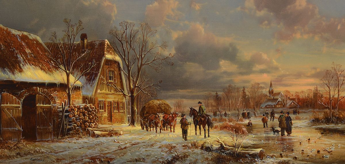 Hubert Kaplan, 1940 München, winterliches Abendrot, feine miniaturhafte Darstellung des bäuerlichen Treibens vor einem Gehöft, Eisvergnügen am ...