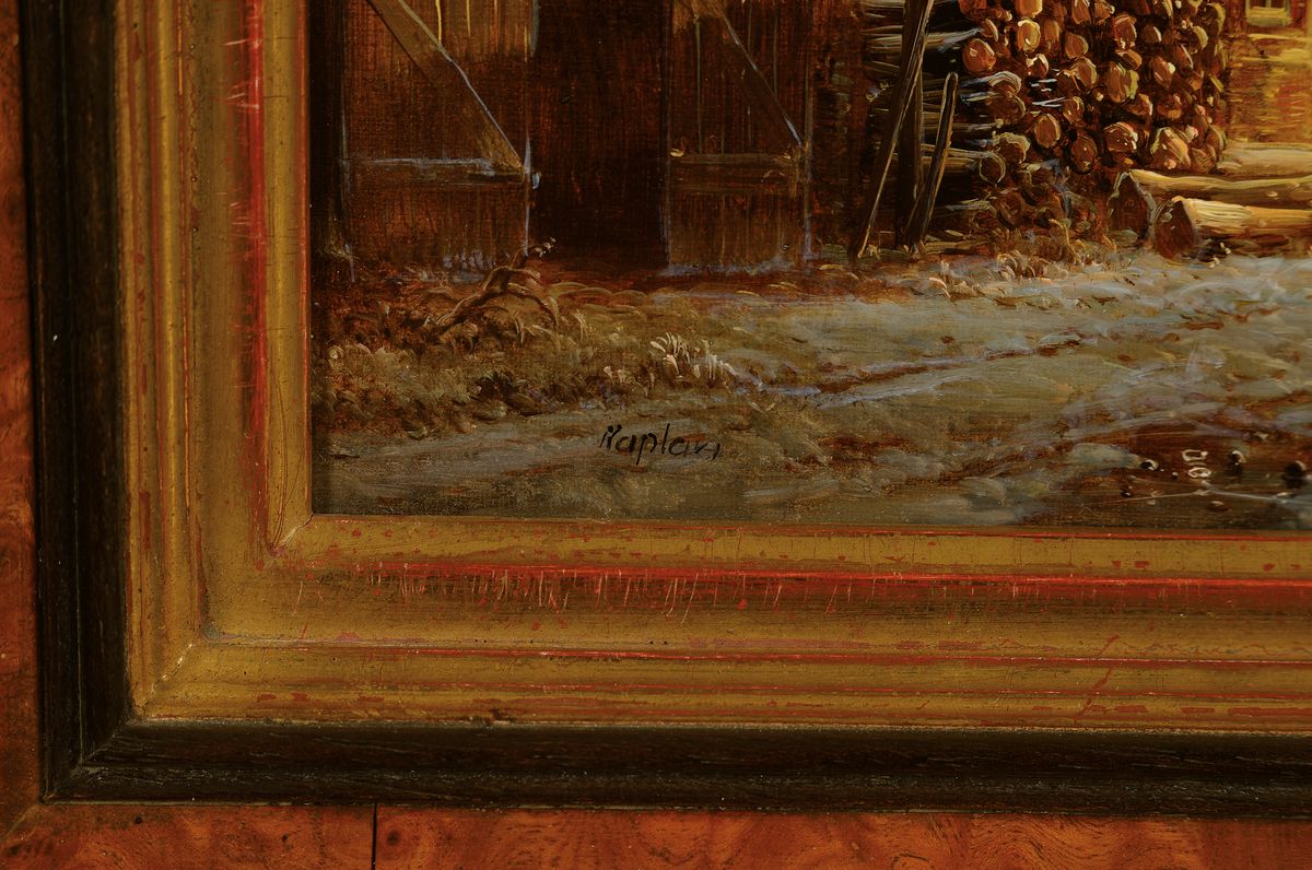 Detail a: Hubert Kaplan, 1940 München, winterliches Abendrot, feine miniaturhafte Darstellung des bäuerlichen Treibens vor einem Gehöft, Eisvergnügen am ...