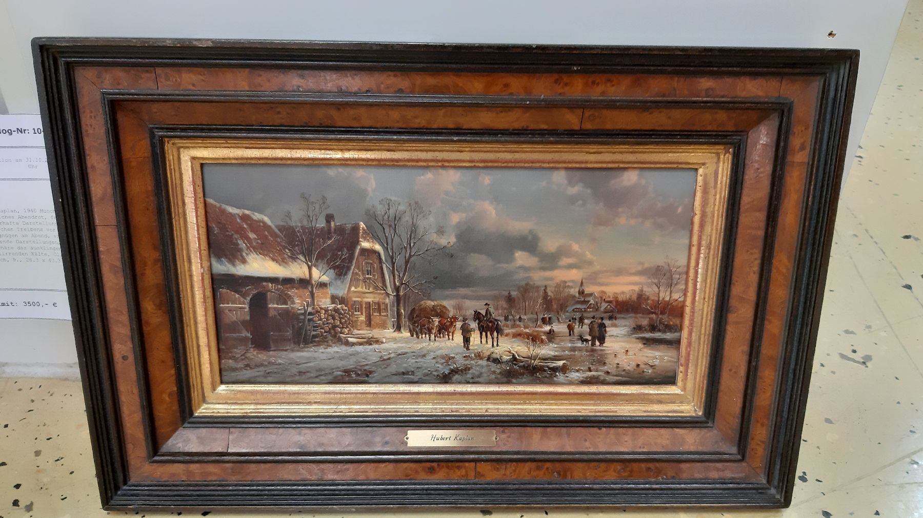 Detail d: Hubert Kaplan, 1940 München, winterliches Abendrot, feine miniaturhafte Darstellung des bäuerlichen Treibens vor einem Gehöft, Eisvergnügen am ...