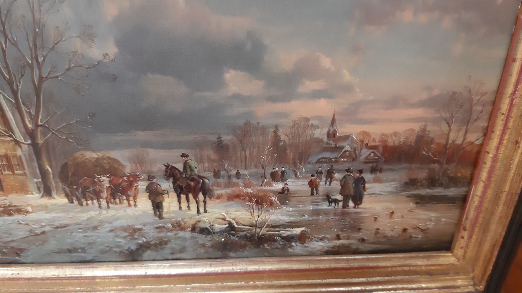 Detail e: Hubert Kaplan, 1940 München, winterliches Abendrot, feine miniaturhafte Darstellung des bäuerlichen Treibens vor einem Gehöft, Eisvergnügen am ...