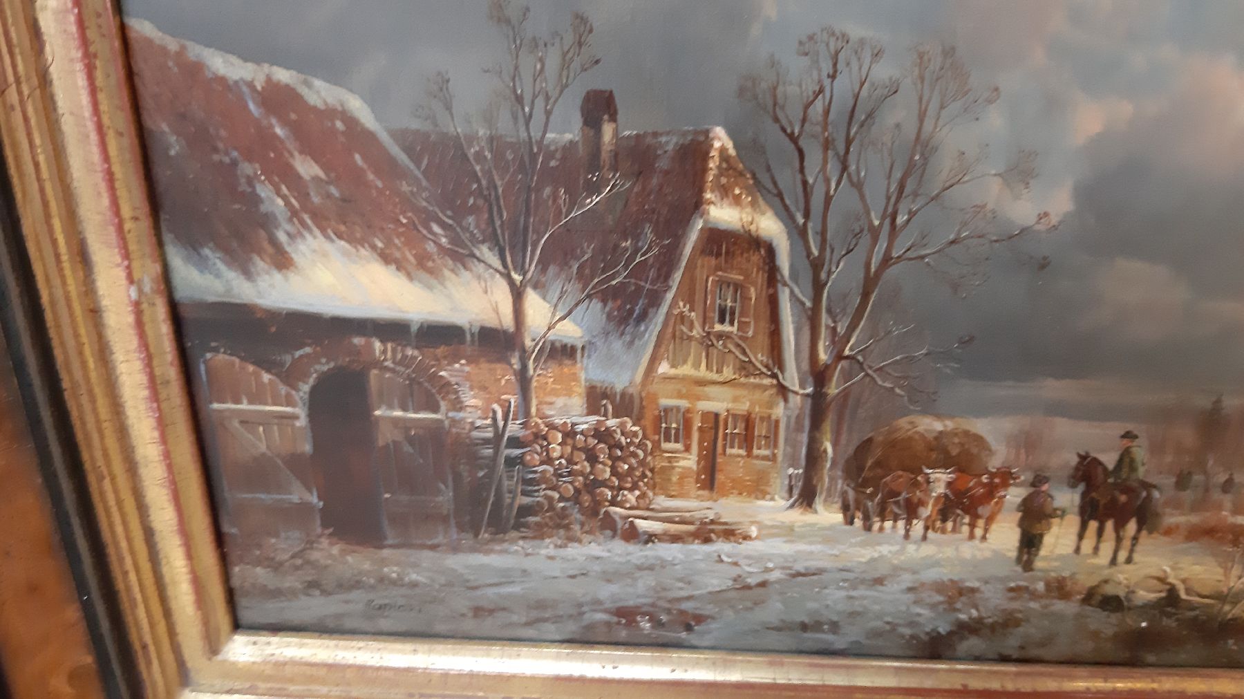 Detail f: Hubert Kaplan, 1940 München, winterliches Abendrot, feine miniaturhafte Darstellung des bäuerlichen Treibens vor einem Gehöft, Eisvergnügen am ...