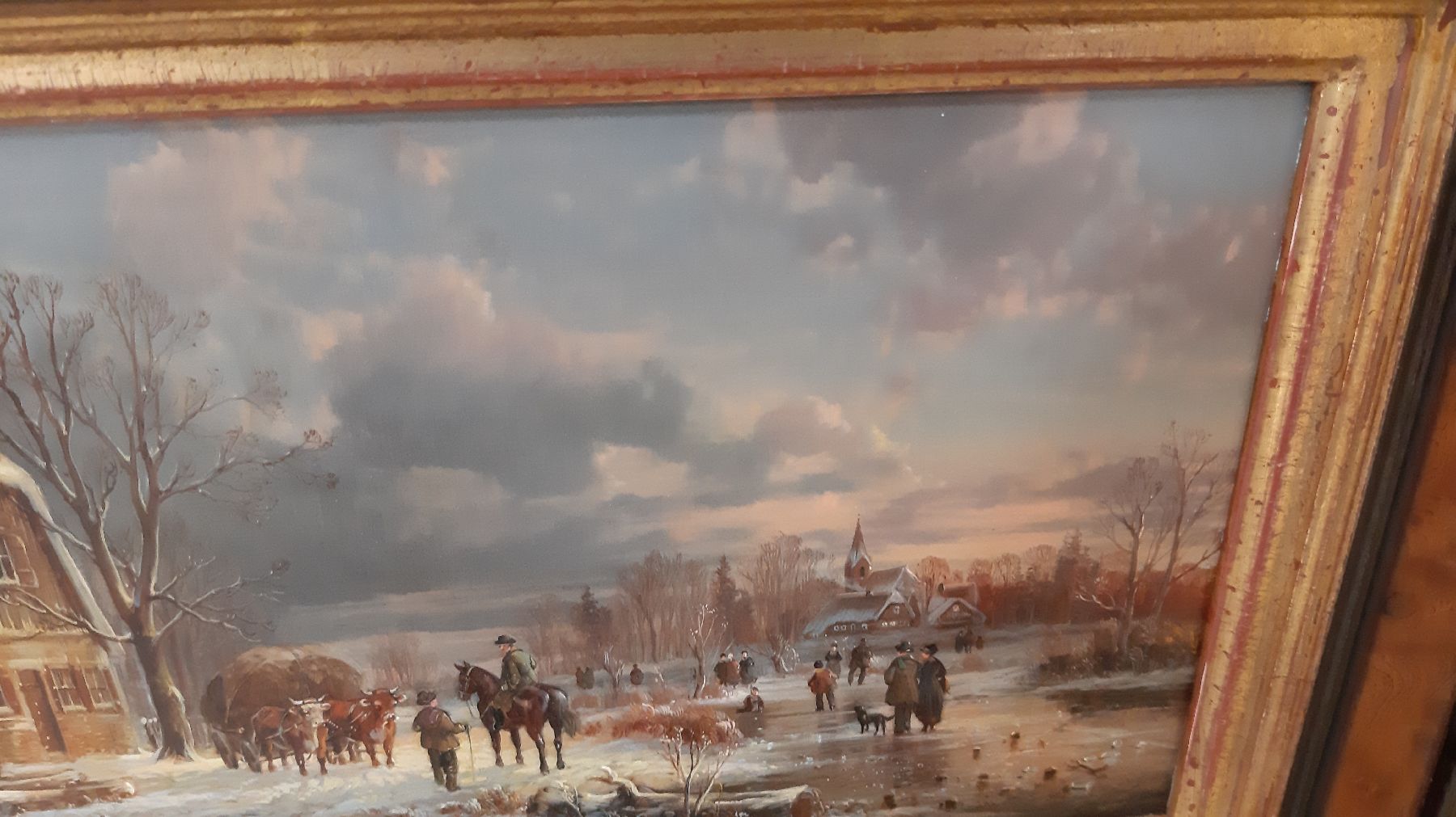 Detail g: Hubert Kaplan, 1940 München, winterliches Abendrot, feine miniaturhafte Darstellung des bäuerlichen Treibens vor einem Gehöft, Eisvergnügen am ...