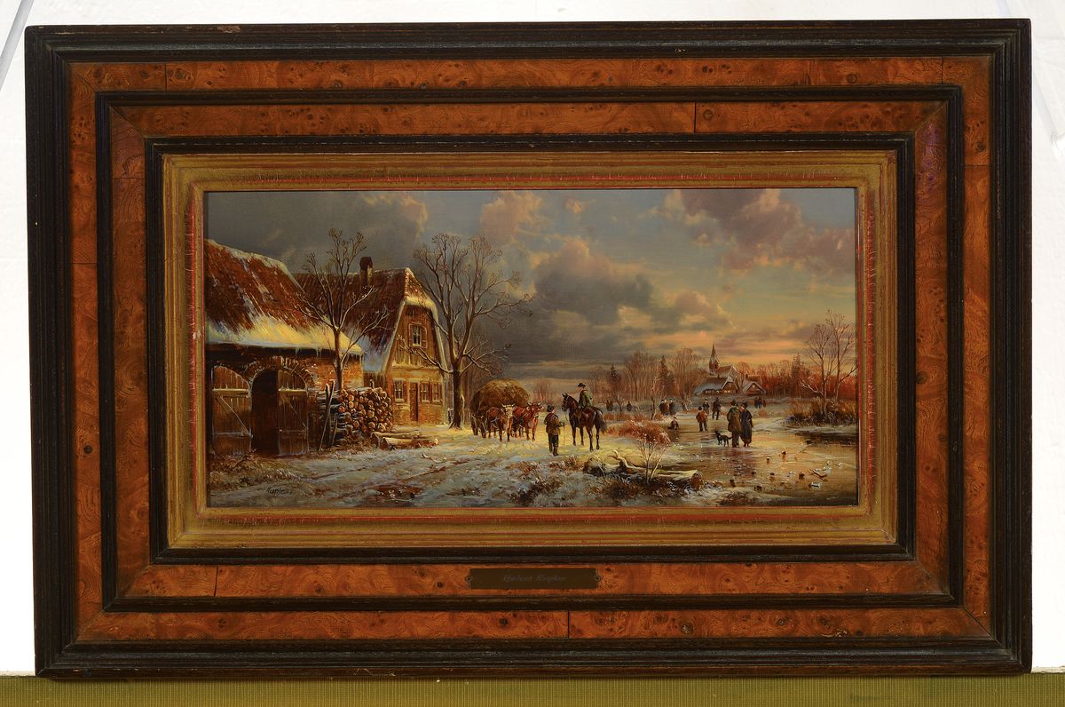 Detail k: Hubert Kaplan, 1940 München, winterliches Abendrot, feine miniaturhafte Darstellung des bäuerlichen Treibens vor einem Gehöft, Eisvergnügen am ...