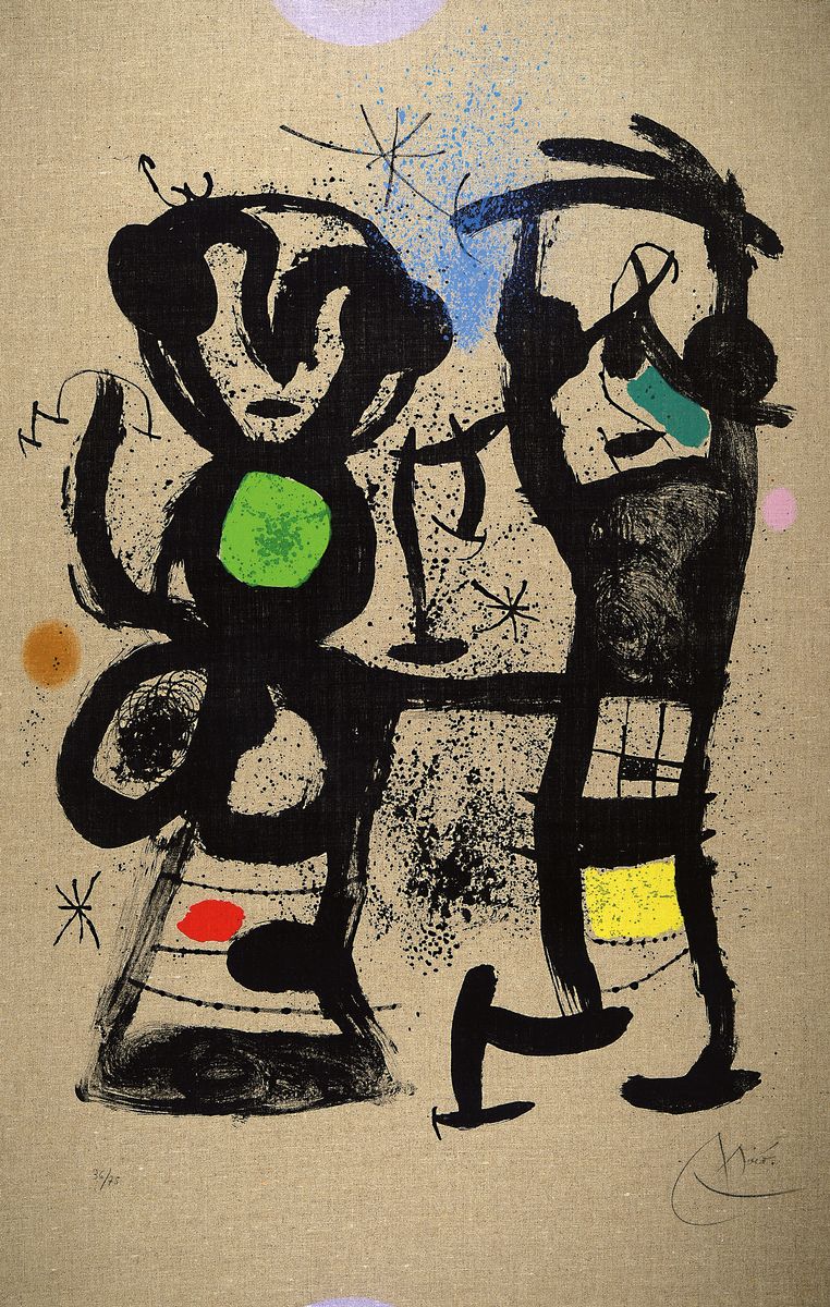 Joan Miro, 1893 - 1983, "La Conversation", aus 1969, Farblithografie auf Jute, auf Mandeure-Chiffon kaschiert, handsigniert und nummeriert, ...