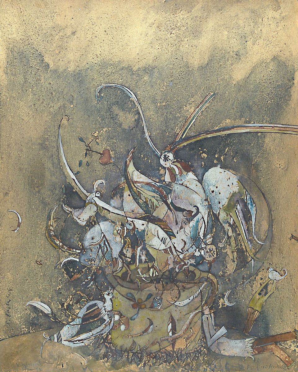 Bernd Kastenholz, geb. 1943 Speyer, Vogelstrauß, Blattgold/Gouache auf Malkarton, rechts unten signiert, betitelt, datiert 78, Passepartout, unter ...