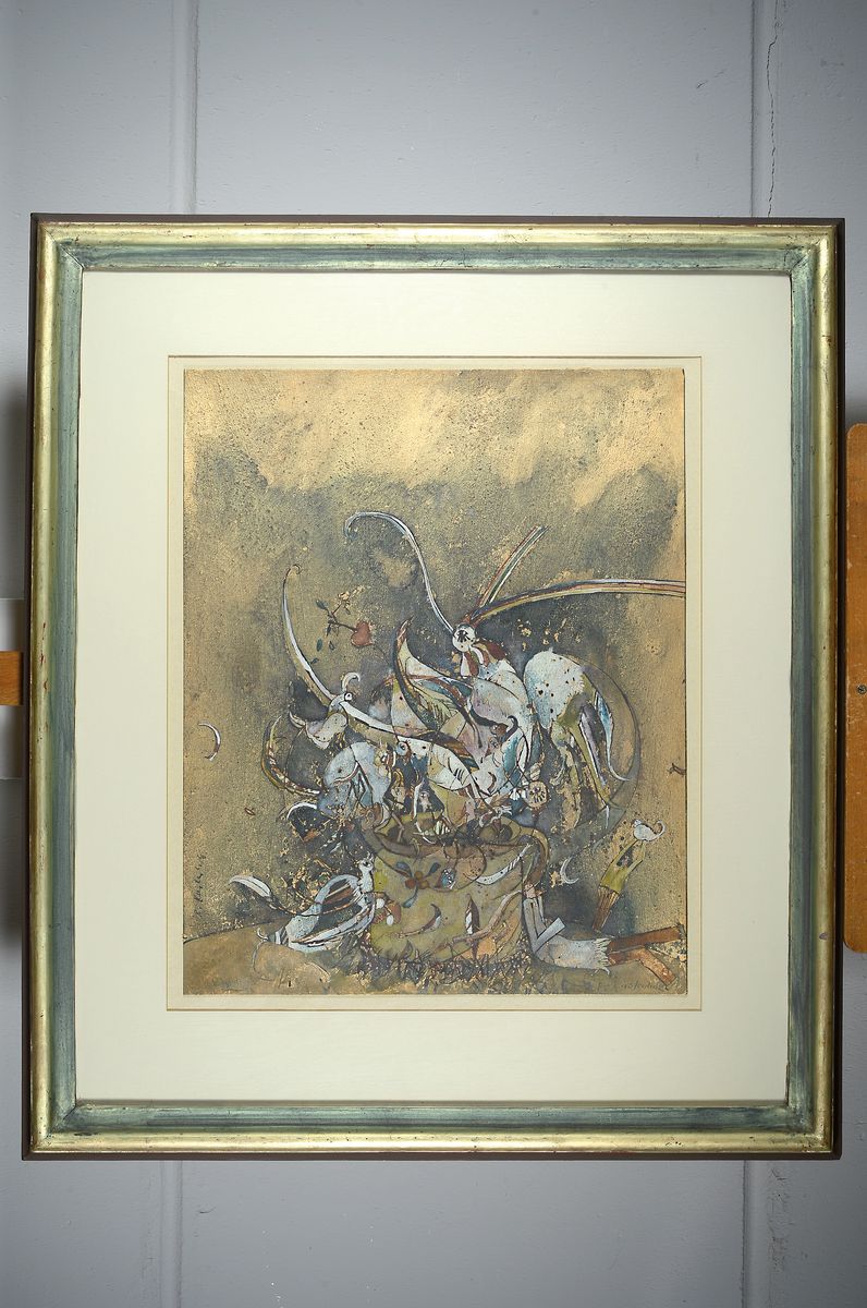 Detail k: Bernd Kastenholz, geb. 1943 Speyer, Vogelstrauß, Blattgold/Gouache auf Malkarton, rechts unten signiert, betitelt, datiert 78, Passepartout, unter ...