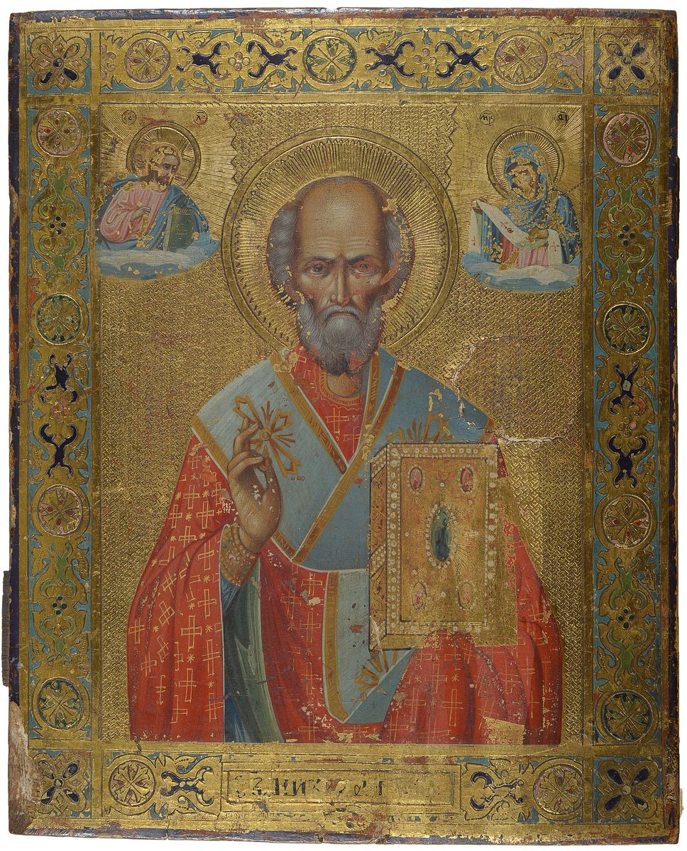 Ikone, Russland, um 1860, Hl. Nikolaus, Eitempera/Holz, reiche Vergoldung, altersbedingt besch., ca. 26.5 x 21.5 cm