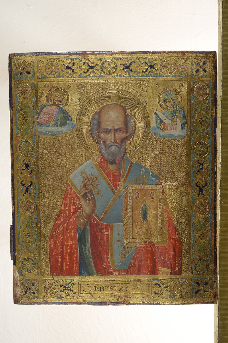 Detail k: Ikone, Russland, um 1860, Hl. Nikolaus, Eitempera/Holz, reiche Vergoldung, altersbedingt besch., ca. 26.5 x 21.5 cm