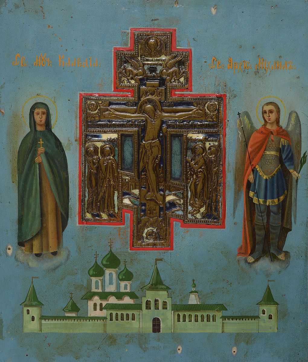 Ikone, Russland, um 1860, Eitempera/Holz, mit eingelassenem Hauskreuz, leichte Altersschäden, 31.5 x 26.5 cm