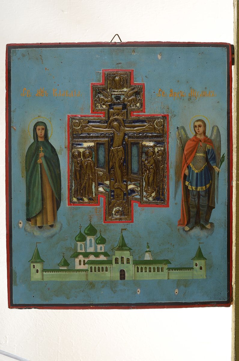 Detail k: Ikone, Russland, um 1860, Eitempera/Holz, mit eingelassenem Hauskreuz, leichte Altersschäden, 31.5 x 26.5 cm
