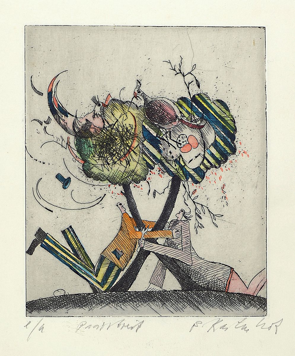 Bernd Kastenholz, geb. 1943 Speyer, Konvolut von vier kolorierten Radierungen, 1x Einzeltisch, num 79/150, ca. 17x15cm/ 40x31cm; 1x Käfigliebe, num ...