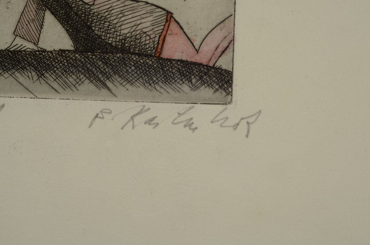 Detail a: Bernd Kastenholz, geb. 1943 Speyer, Konvolut von vier kolorierten Radierungen, 1x Einzeltisch, num 79/150, ca. 17x15cm/ 40x31cm; 1x Käfigliebe, num ...