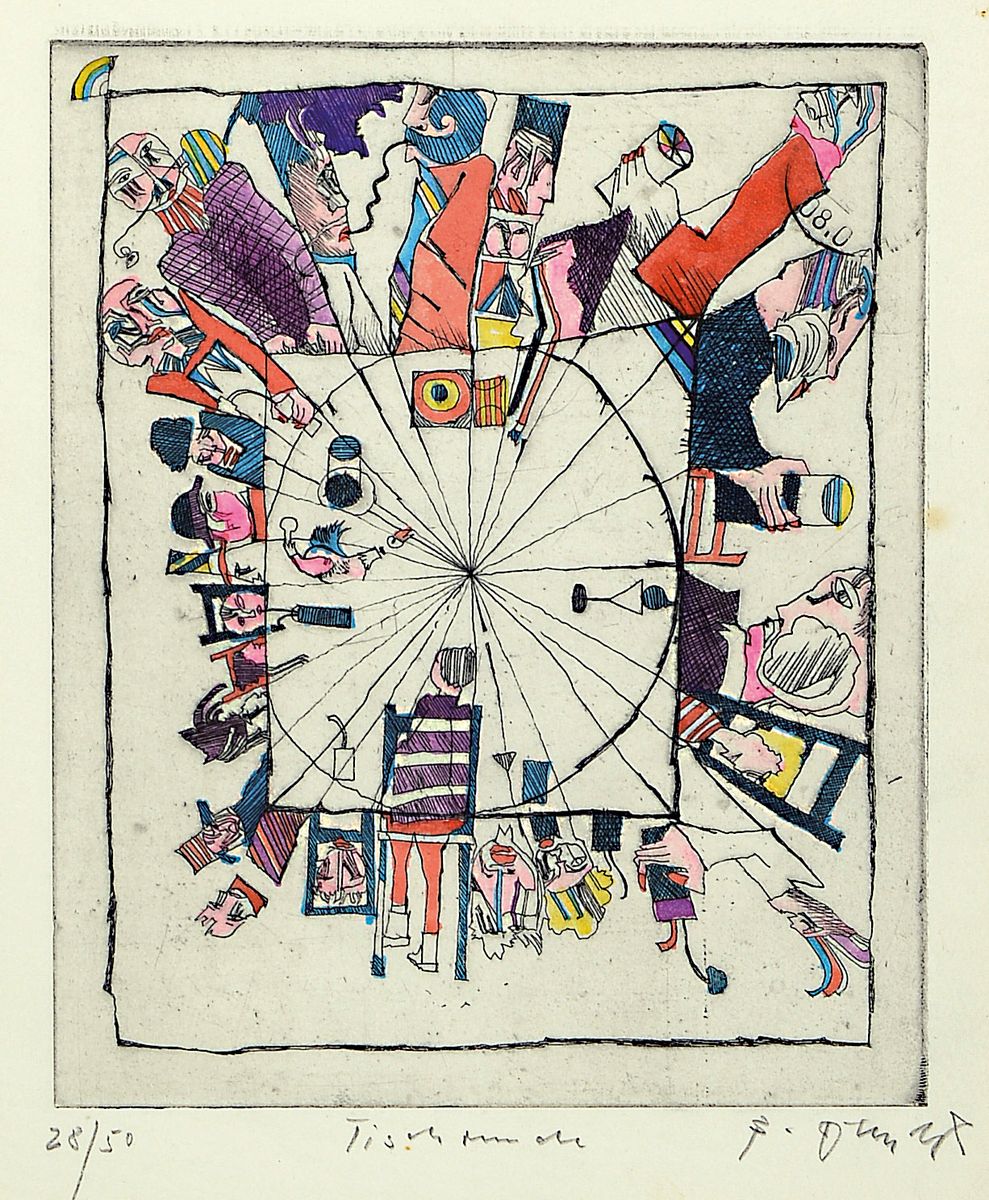 Detail b: Bernd Kastenholz, geb. 1943 Speyer, Konvolut von vier kolorierten Radierungen, 1x Einzeltisch, num 79/150, ca. 17x15cm/ 40x31cm; 1x Käfigliebe, num ...