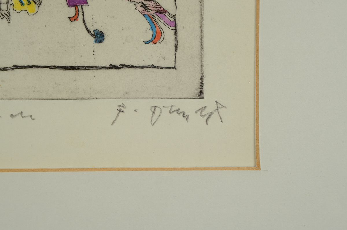 Detail c: Bernd Kastenholz, geb. 1943 Speyer, Konvolut von vier kolorierten Radierungen, 1x Einzeltisch, num 79/150, ca. 17x15cm/ 40x31cm; 1x Käfigliebe, num ...