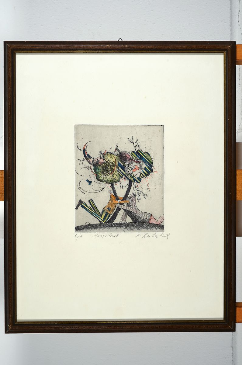 Detail k: Bernd Kastenholz, geb. 1943 Speyer, Konvolut von vier kolorierten Radierungen, 1x Einzeltisch, num 79/150, ca. 17x15cm/ 40x31cm; 1x Käfigliebe, num ...