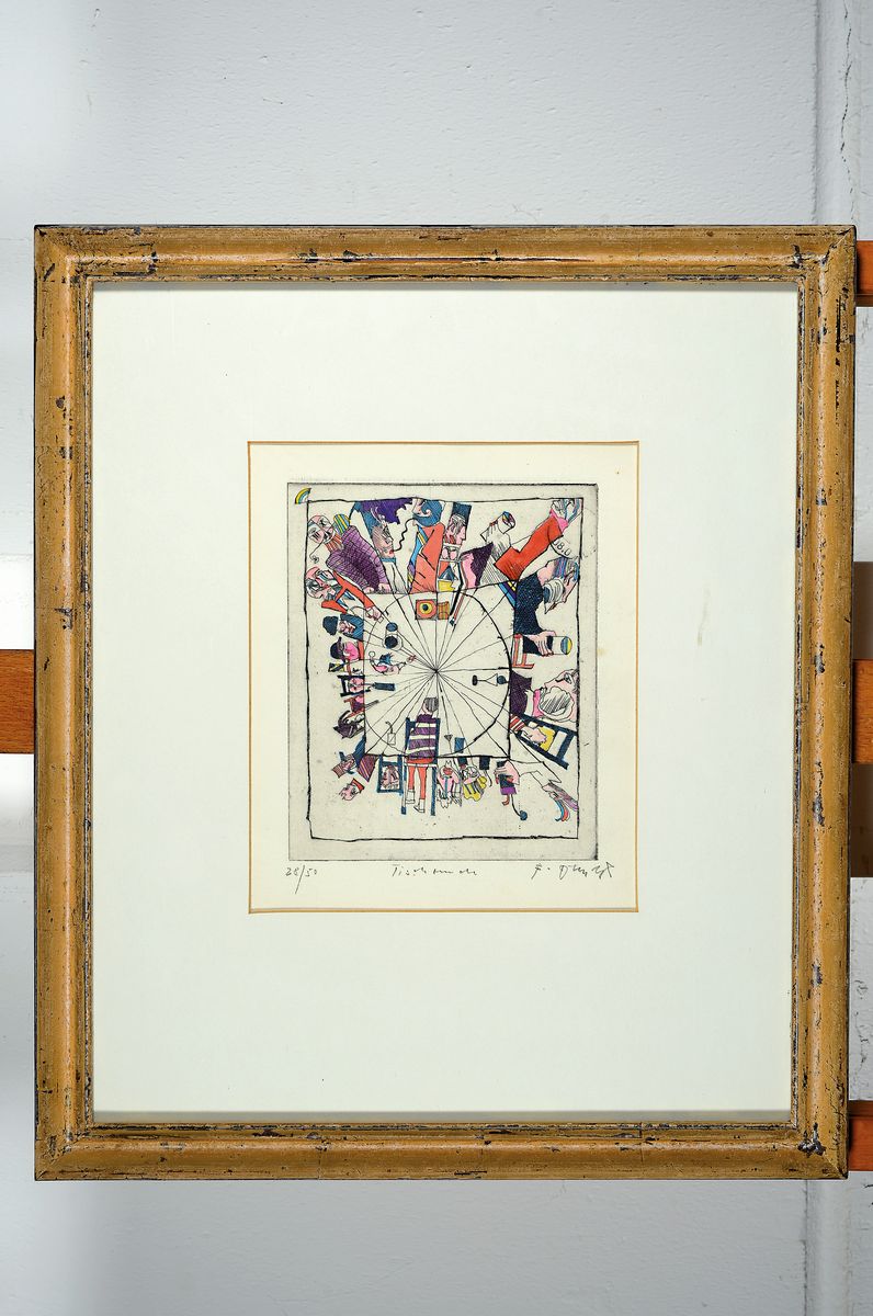 Detail m: Bernd Kastenholz, geb. 1943 Speyer, Konvolut von vier kolorierten Radierungen, 1x Einzeltisch, num 79/150, ca. 17x15cm/ 40x31cm; 1x Käfigliebe, num ...