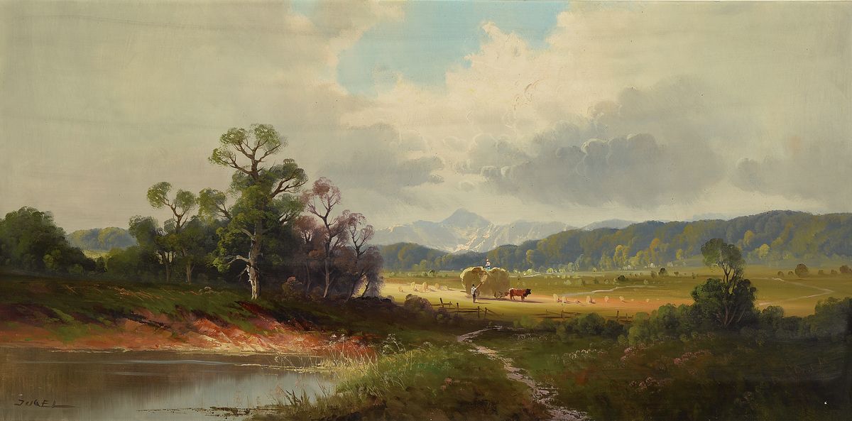 Ernst Jugel, 1913-1985, Bei der Heuernte, Bauer mit Bäuerin bei der Heuernte, im Vordergrund Flusslandschaft, Öl/Lwd, links unten signiert, ca. ...