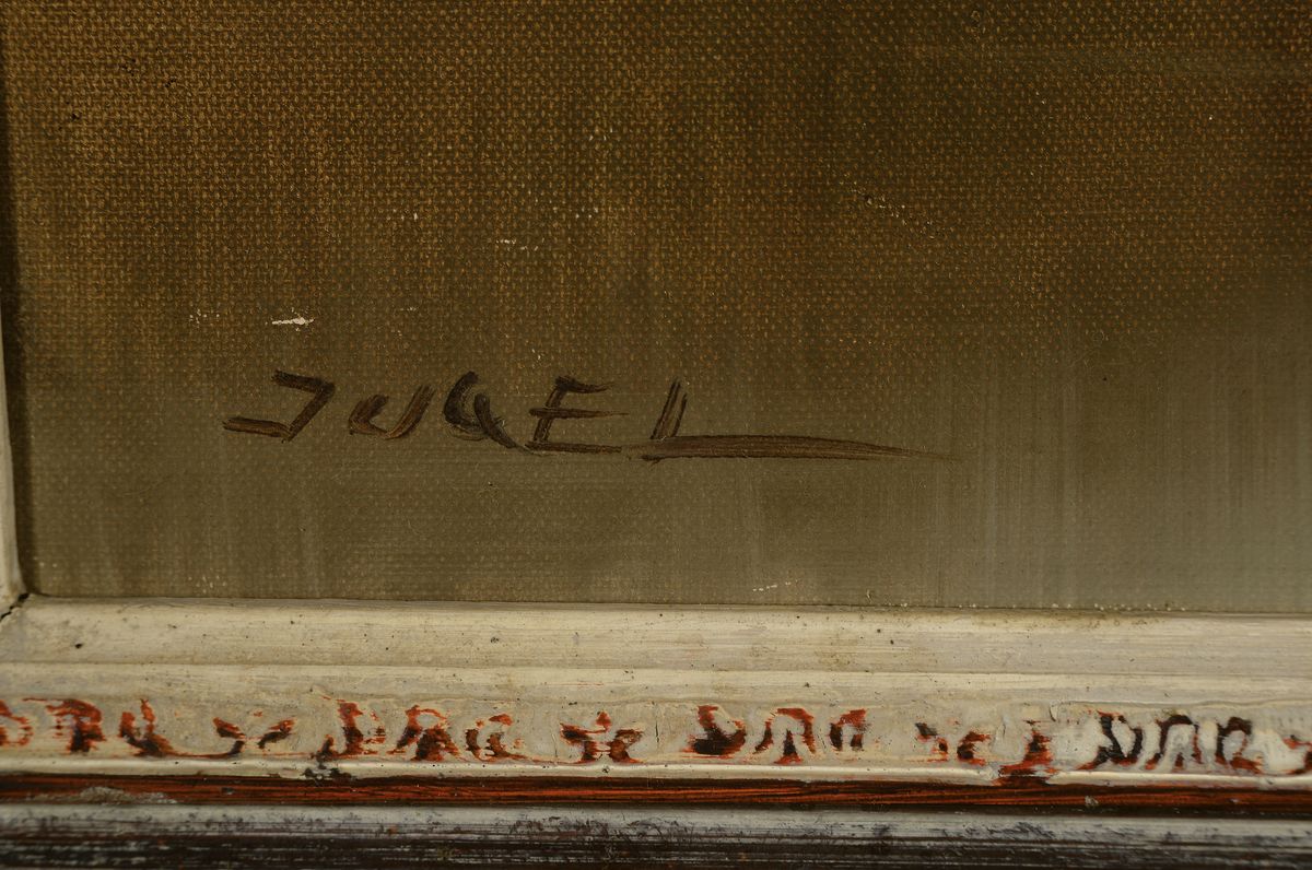 Detail a: Ernst Jugel, 1913-1985, Bei der Heuernte, Bauer mit Bäuerin bei der Heuernte, im Vordergrund Flusslandschaft, Öl/Lwd, links unten signiert, ca. ...