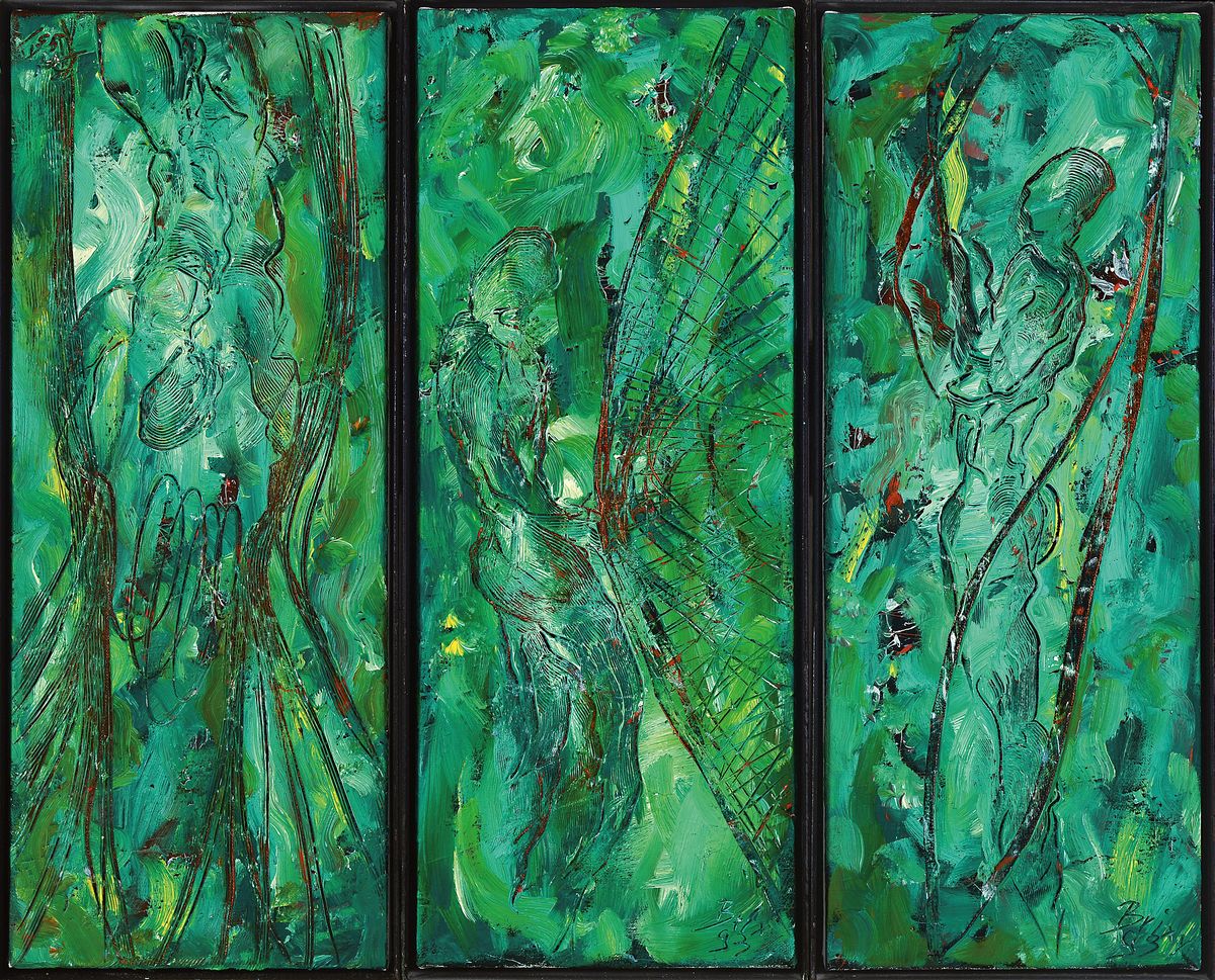Dietmar Brixy, geb. 1961, bekannter Mannheimer Künstler, hier: Triptychon, abstr. Komposition mit drei figürlichen Darstellungen, Acryl/Leinwand, ...