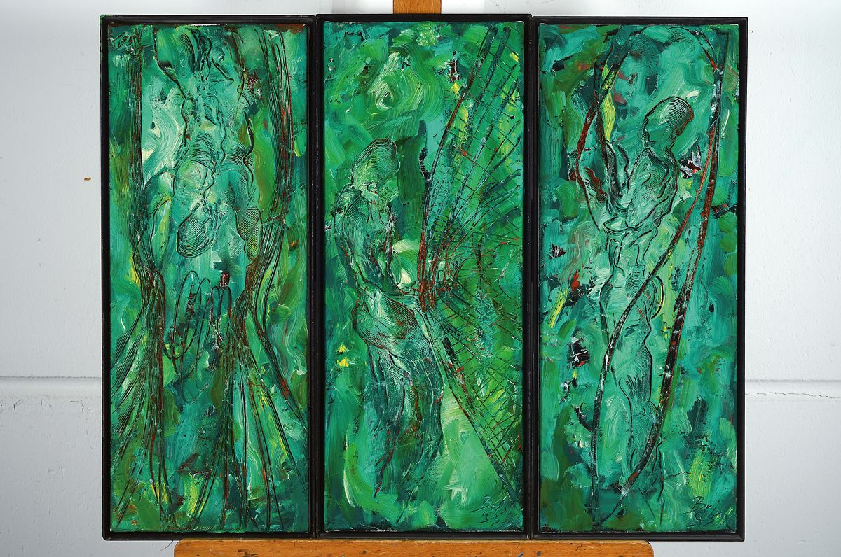 Detail k: Dietmar Brixy, geb. 1961, bekannter Mannheimer Künstler, hier: Triptychon, abstr. Komposition mit drei figürlichen Darstellungen, Acryl/Leinwand, ...