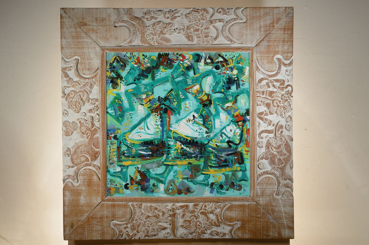 Detail k: Dietmar Brixy, geb. 1961, bekannter Mannheimer Künstler, hier abstrakte Komposition mit einer maritimen Szenrie und drei Segelschiffen, ...