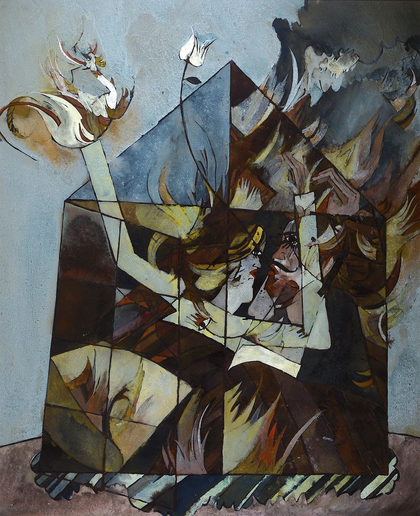 Bernd Kastenholz, geb. 1949 Speyer, Feuer am Fenster, Gouache/Mischtechnik, auf Platte, mittig bezeichnet und signiert, unter Glas gerahmt, ca. ...