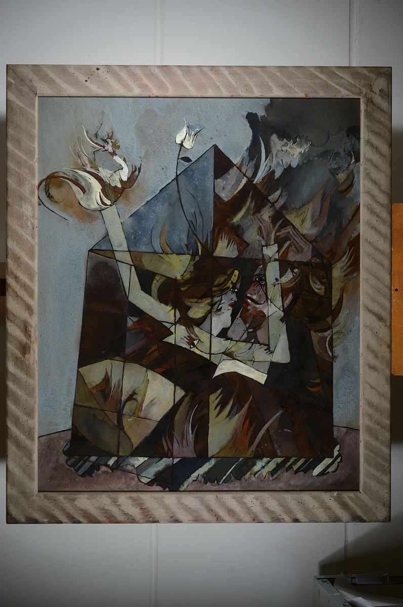 Detail k: Bernd Kastenholz, geb. 1949 Speyer, Feuer am Fenster, Gouache/Mischtechnik, auf Platte, mittig bezeichnet und signiert, unter Glas gerahmt, ca. ...