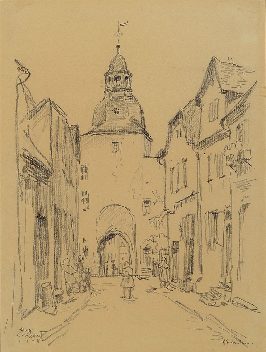 August Croissant, 1870 Landau - 1941 Edenkoben, 2 Werke, Aquarell und Bleistiftzeichnung, a. Allee mit Spaziergängern, auf Papier, li. u. signiert ...