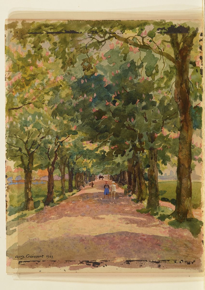 Detail a: August Croissant, 1870 Landau - 1941 Edenkoben, 2 Werke, Aquarell und Bleistiftzeichnung, a. Allee mit Spaziergängern, auf Papier, li. u. signiert ...