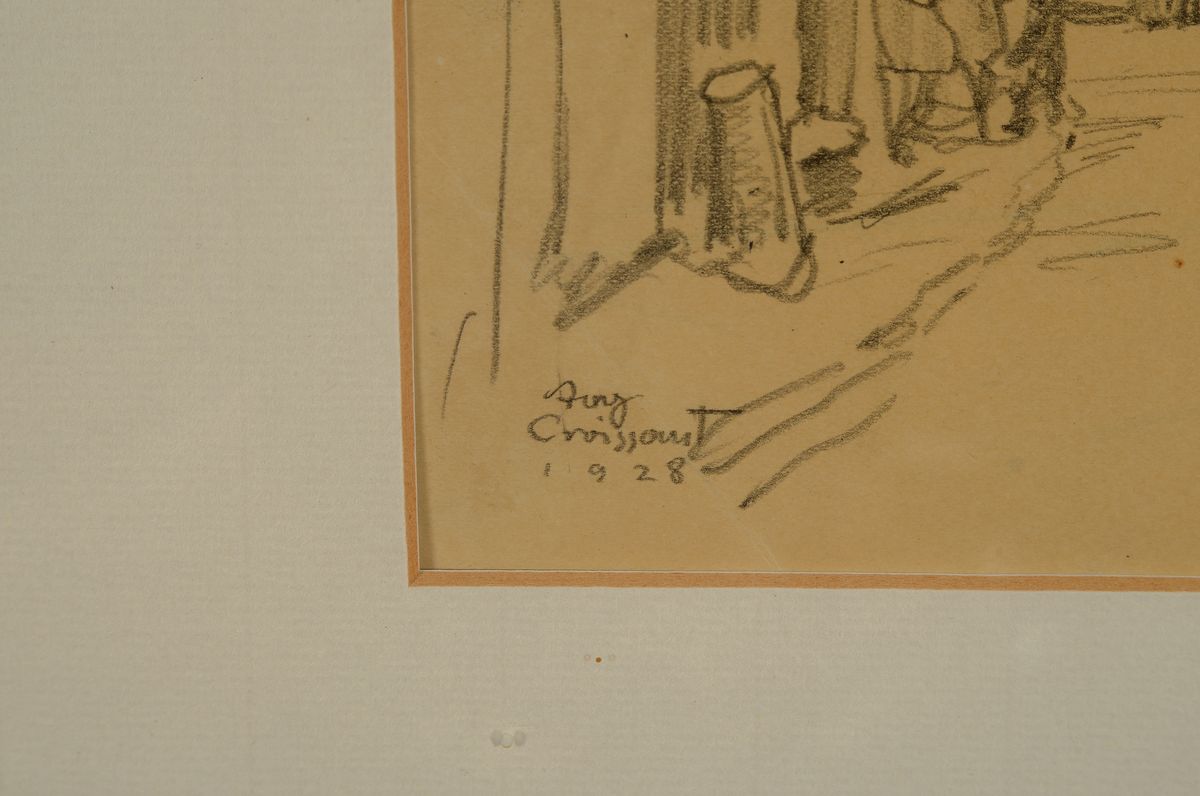 Detail b: August Croissant, 1870 Landau - 1941 Edenkoben, 2 Werke, Aquarell und Bleistiftzeichnung, a. Allee mit Spaziergängern, auf Papier, li. u. signiert ...