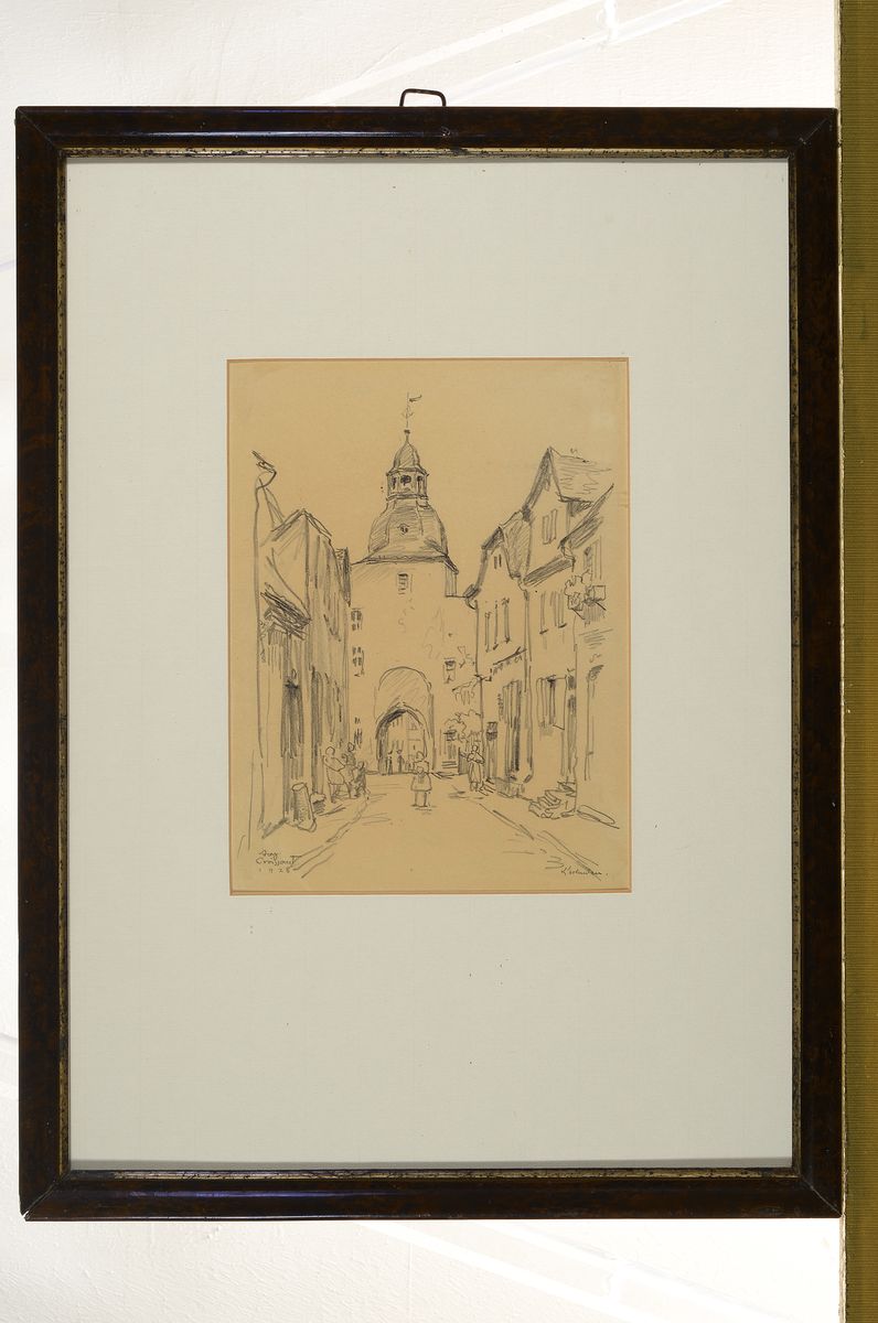 Detail k: August Croissant, 1870 Landau - 1941 Edenkoben, 2 Werke, Aquarell und Bleistiftzeichnung, a. Allee mit Spaziergängern, auf Papier, li. u. signiert ...