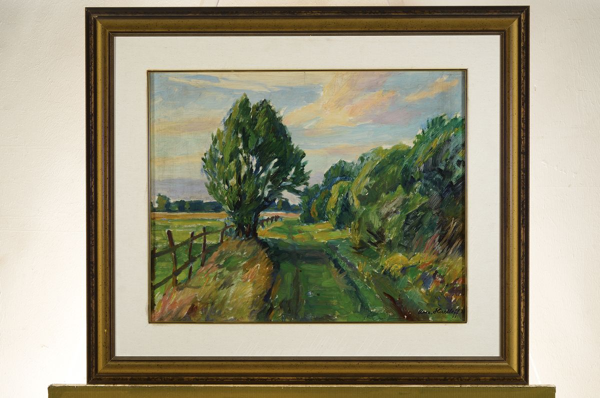 Detail k: Arnold Hartleff, 1888-1978, norddeutsche Landschaft, Öl/Karton, rechts unten signiert, ca. 40x50cm/ 58x68cm, Rahmen