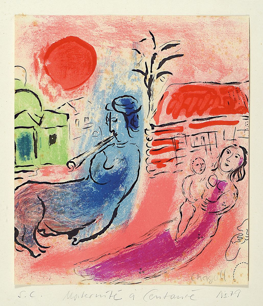 Marc Chagall, 1887-1985, Matermite a Centaure, Farblithografie, rechts unten signiert, nummeriert No. 79, unter Glas gerahmt, ca. 23x21cm/53x43cm