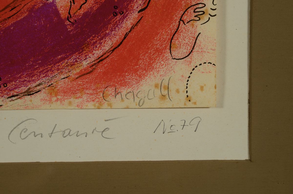 Detail a: Marc Chagall, 1887-1985, Matermite a Centaure, Farblithografie, rechts unten signiert, nummeriert No. 79, unter Glas gerahmt, ca. 23x21cm/53x43cm