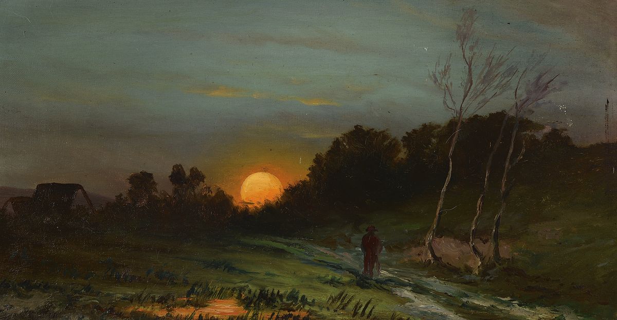 Unbekannter Künstler der Düsseldorfer Schule, um 1890, Fussgänger beim Spazieren im Mondenschein, Öl/Lwd, unsigniert, ca. 21x39cm/30x49cm, Rahmen