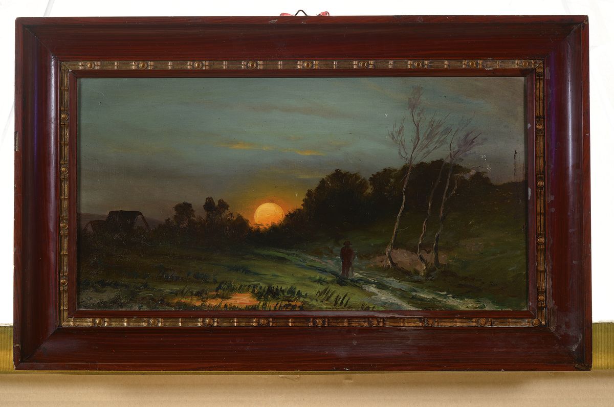 Detail k: Unbekannter Künstler der Düsseldorfer Schule, um 1890, Fussgänger beim Spazieren im Mondenschein, Öl/Lwd, unsigniert, ca. 21x39cm/30x49cm, Rahmen