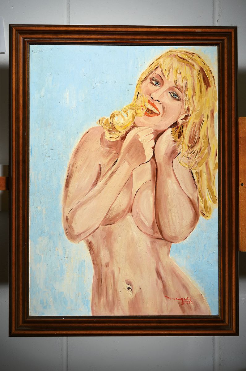 Detail k: Mangold, datiert 1972, Öl/Lwd, Frauenakt, von der amerikanischen Pop-Art inspiriert, signiert und datiert, ca. 100 x 70cm, Rahmen 115x84 cm, ...