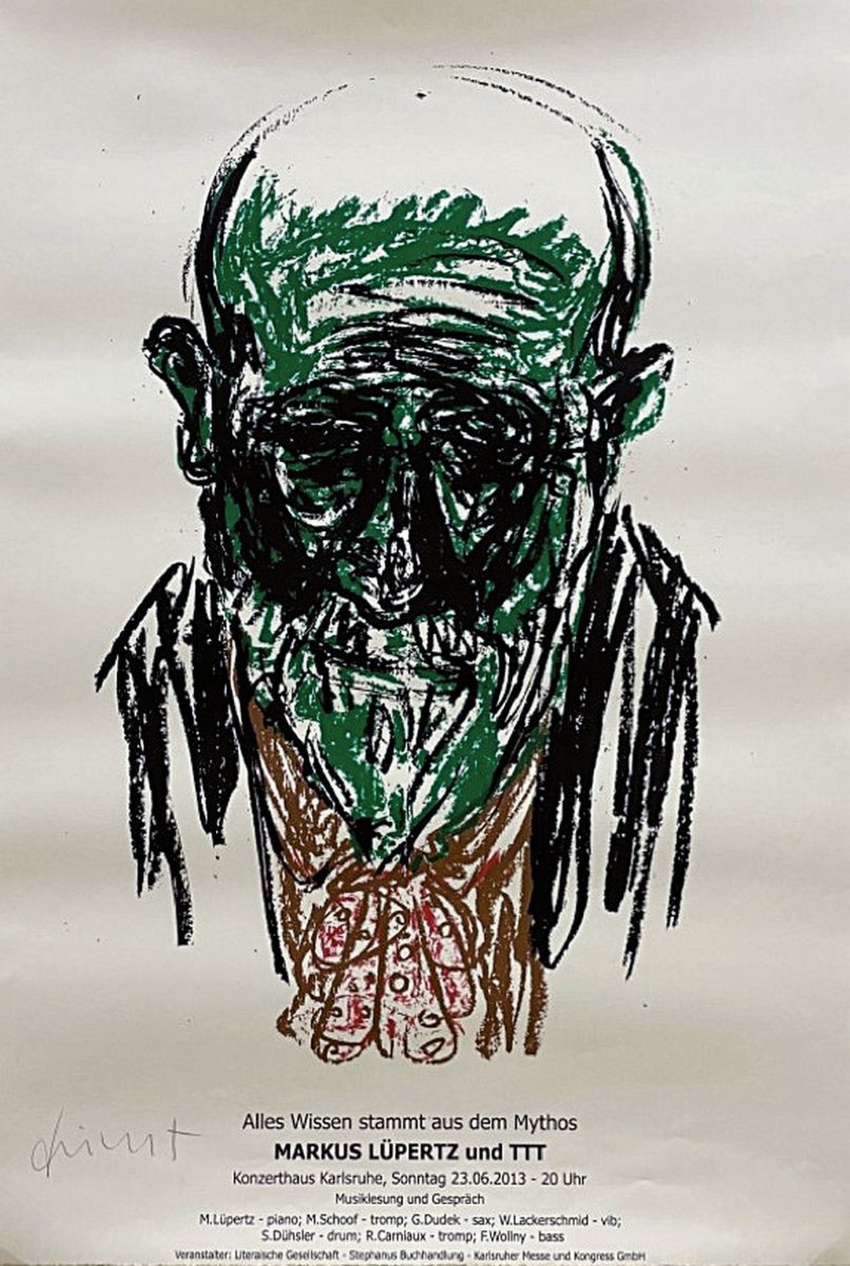 Markus Lüpertz, geb. 1941, Farblithographie zur Ausstellung "Alles Wissen stammt aus dem Mythos", Konzerthaus Karlsruhe 23.06.2013, ...