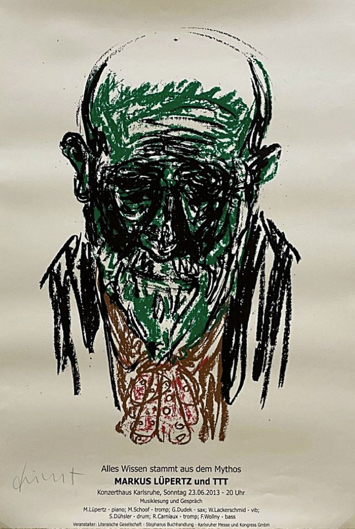 Detail k: Markus Lüpertz, geb. 1941, Farblithographie zur Ausstellung "Alles Wissen stammt aus dem Mythos", Konzerthaus Karlsruhe 23.06.2013, ...