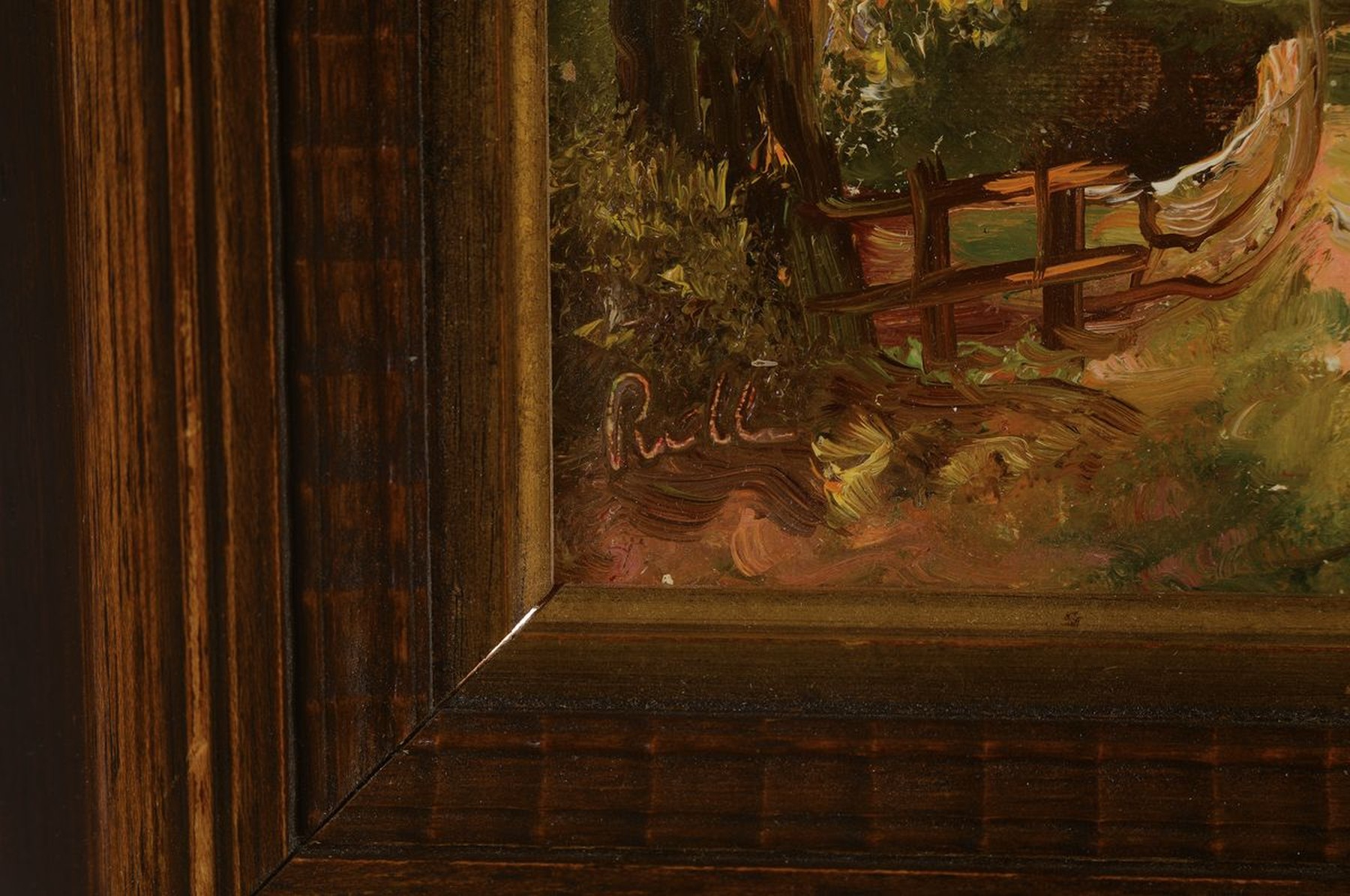 Detail a: Rell, wohl Münchener Maler, 2. H. 20. Jh., süddeutsche Stadtansicht, Öl/Holz, links unten signiert, ca. 15x20cm/30x35cm, unter Glas gerahmt