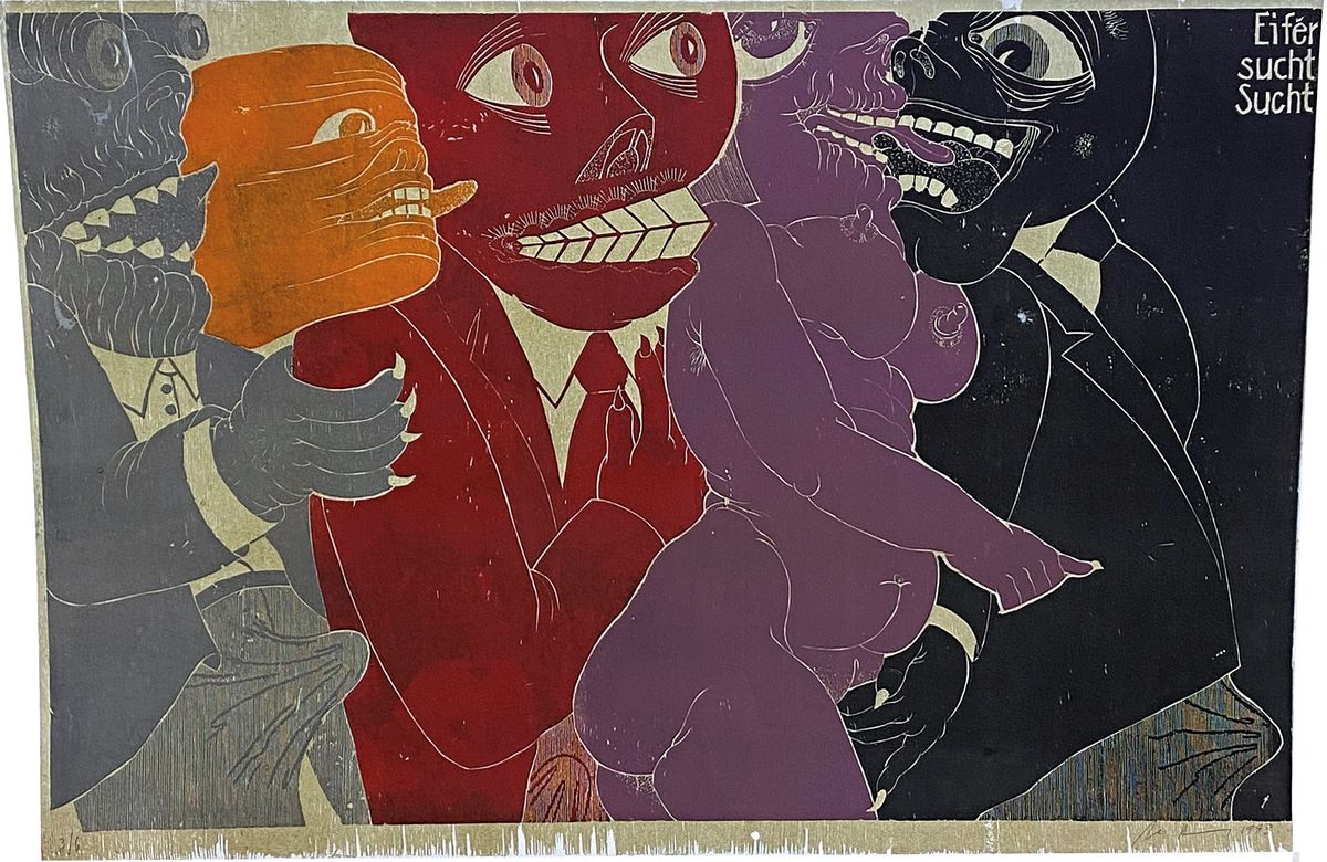 Uwe Bremer, geb. 1940 Bischleben bei Erfurt,Farbholzschnitt, Eifersucht Sucht, rechts unten handsigniert, nummeriert 3/6, Blattgrösse ca. 70x99cm, ...