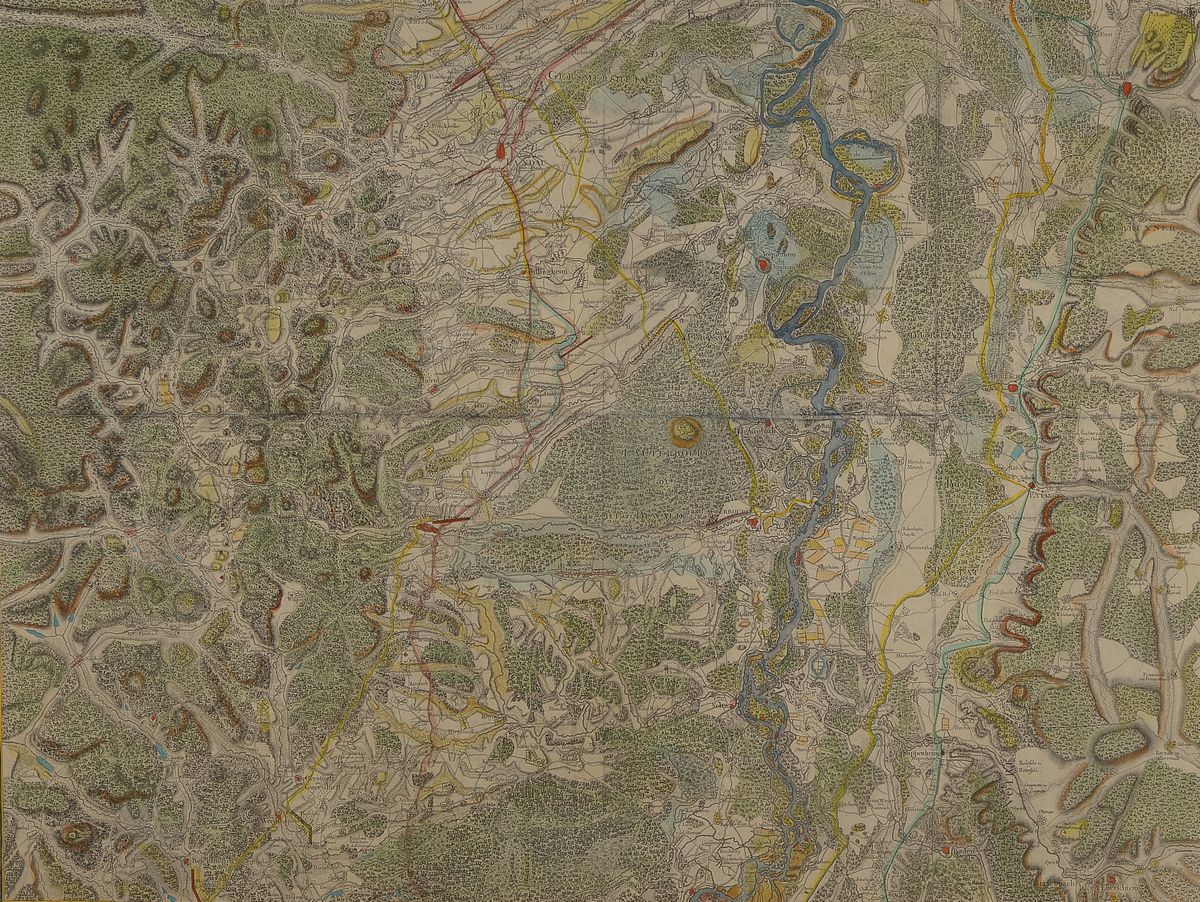Große Kupferstichkarte, um 1730/50, handkoloriert, leicht gebräunte Papier, Darstellung der Südpfalz, ca. 60 x 78 cm, Bugfalten, Altersschäden