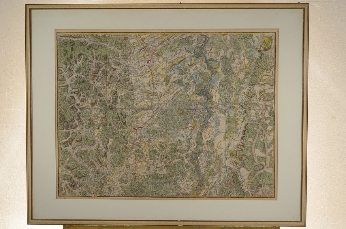 Detail k: Große Kupferstichkarte, um 1730/50, handkoloriert, leicht gebräunte Papier, Darstellung der Südpfalz, ca. 60 x 78 cm, Bugfalten, Altersschäden