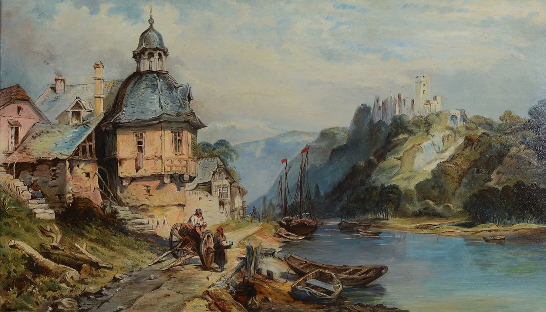 Cl. Becher, Künstler des 19. Jh., Flusslandschaft, hintergründig mit romantisierender Burgruine, bewegte Staffagefiguren vermitteln in die Tiefe, ...
