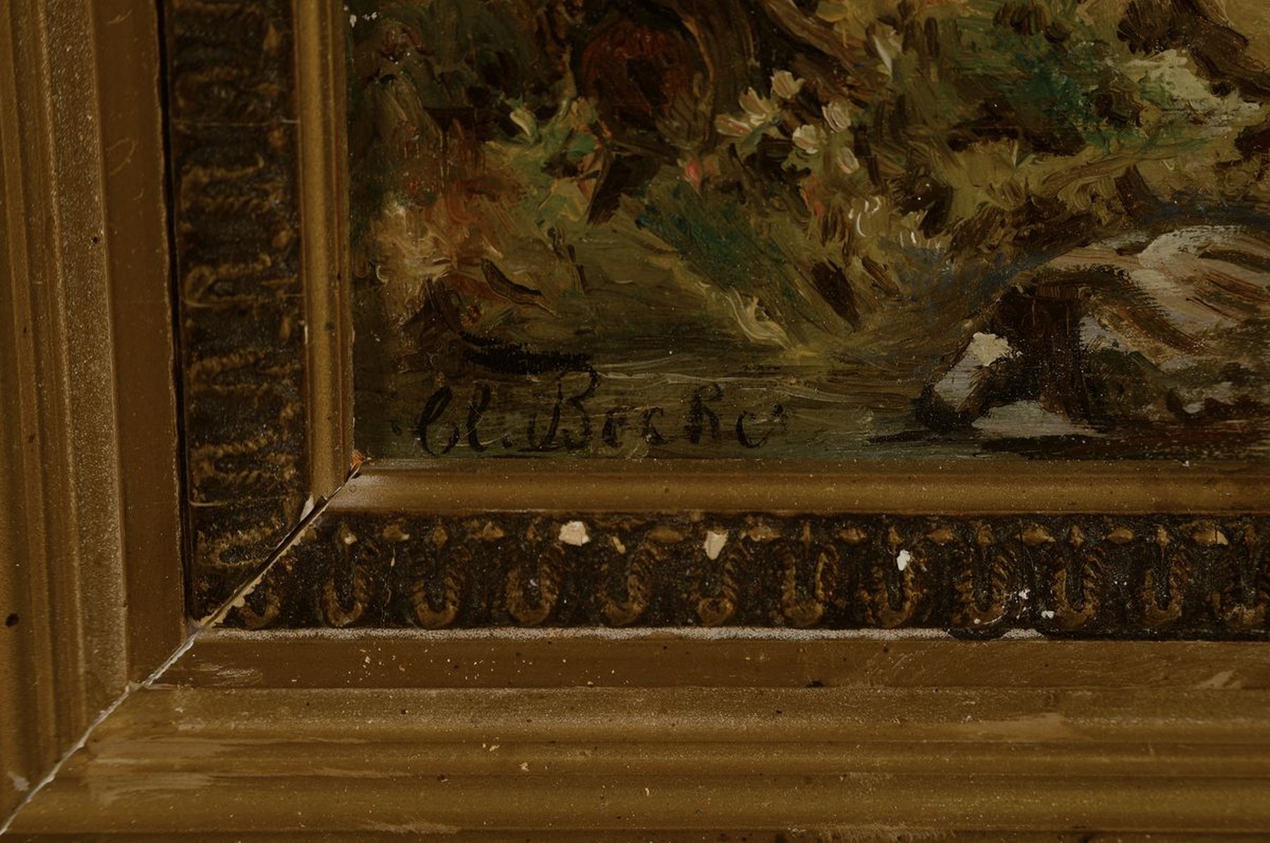 Detail a: Cl. Becher, Künstler des 19. Jh., Flusslandschaft, hintergründig mit romantisierender Burgruine, bewegte Staffagefiguren vermitteln in die Tiefe, ...