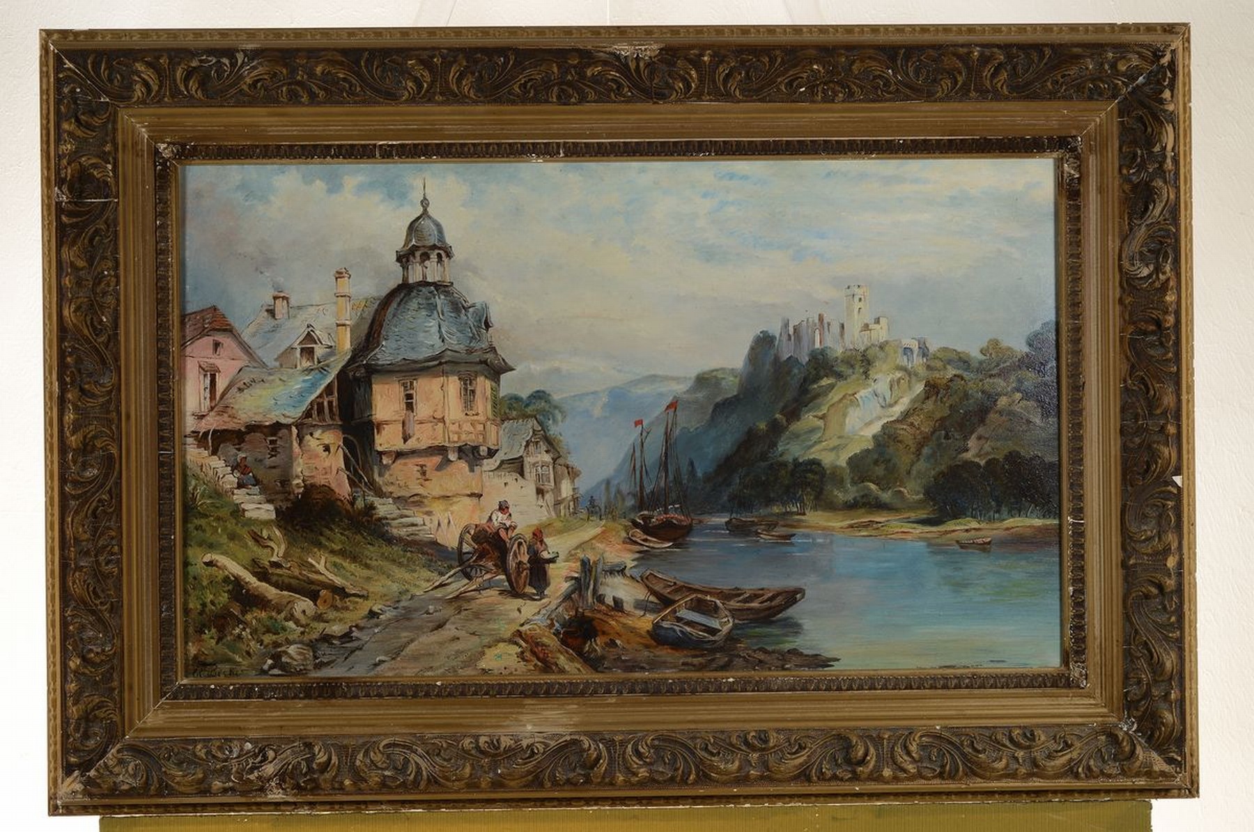 Detail k: Cl. Becher, Künstler des 19. Jh., Flusslandschaft, hintergründig mit romantisierender Burgruine, bewegte Staffagefiguren vermitteln in die Tiefe, ...
